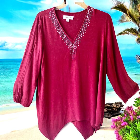 Knox Rose Blouse Top Bohemian Beaded V Neck Asymmetrical Hem size large - Picture 3 of 10